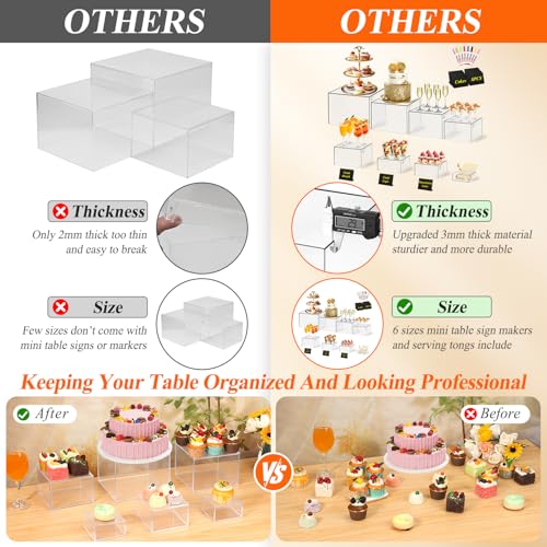Qinzave 8-Piece Clear Acrylic Buffet Risers Set with Mini Signs, 8 Sizes