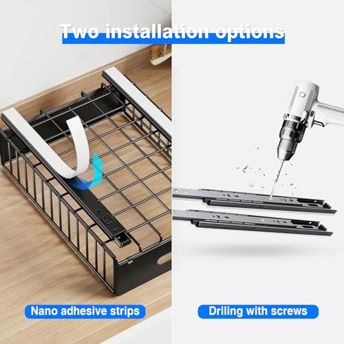 Mustorn 2 Pack Pull Out Cabinet Organizer - Black, Heavy Duty Slide Out Drawers for Kitchen & Pantry, 16.5 x 11.8 x 3.94 Inches