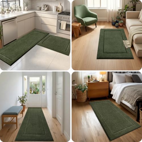 DOMUSTEX Sage Green Bathroom Rug 24x60 Inches, Non-Slip Absorbent Bath & Hallway Runner