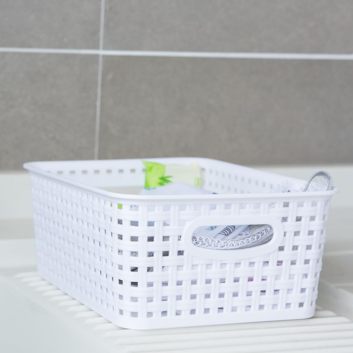 Skiennix White Plastic Woven Storage Baskets - 6-Pack Organizer for Kitchen, Office & Bathroom
