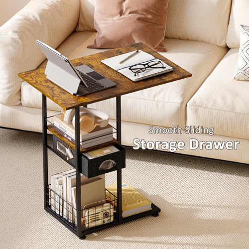 Black Large Rolling C-Shaped Side Table with Drawer & Wheels