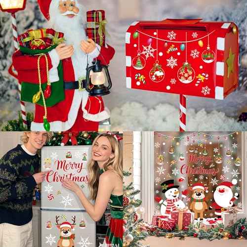 4 Sheets Christmas Window Clings Santa Reindeer Snowman Snowflake Window Decals Large Merry Christmas Windows Stickers Double Sided Xmas Windows Decorations for Xmas Home Office School Party Decor