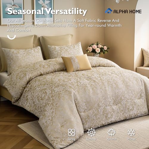 King Size Jacquard Comforter Set with Pillow Shams & Cushion - Luxurious Bedding