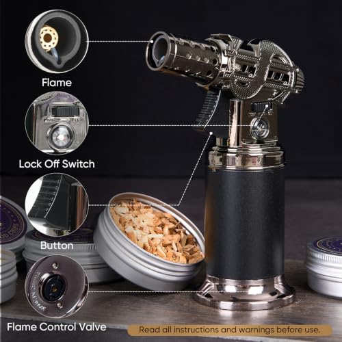 Whiskey Smoker Kit with Torch, Wooden Gift Box, 6 Wood Chips, Glasses & Molds - Natural