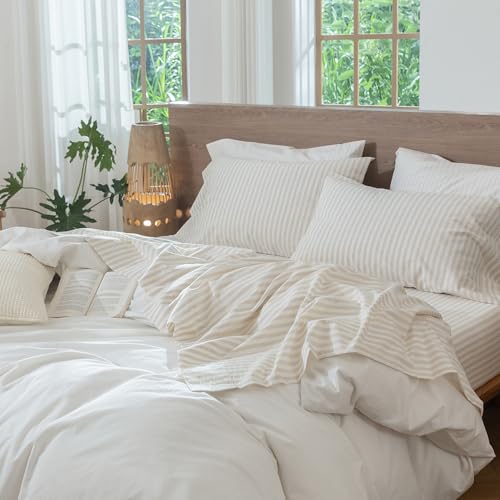 King Striped Cotton Linen-Like Sheet Set - Almond Milk Grey, Classic Stripes