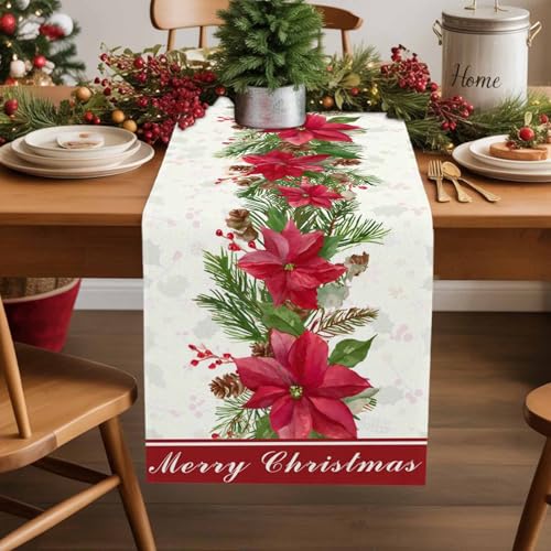 Smile Sunflower 13x72in Christmas Table Runner with Poinsettia & Floral Decor - Non-Slip, washable