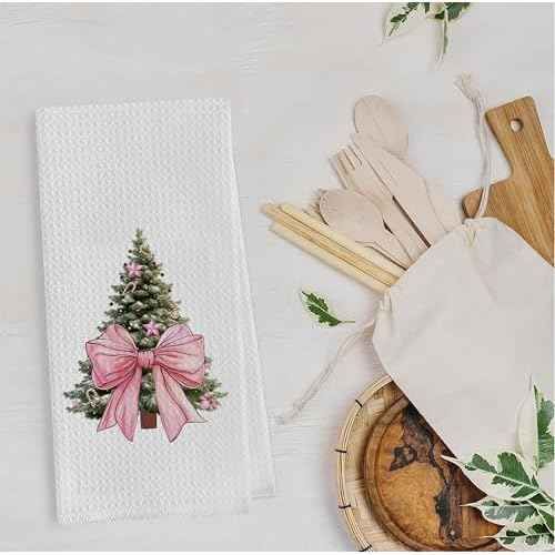 Pink Christmas Tree Kitchen Towels - Pink Christmas Decorations, Christmas Tea Towels, Pink Christmas Kitchen Bathroom Towels,Christmas Hand Towels Pink, 16 x 24 Inch
