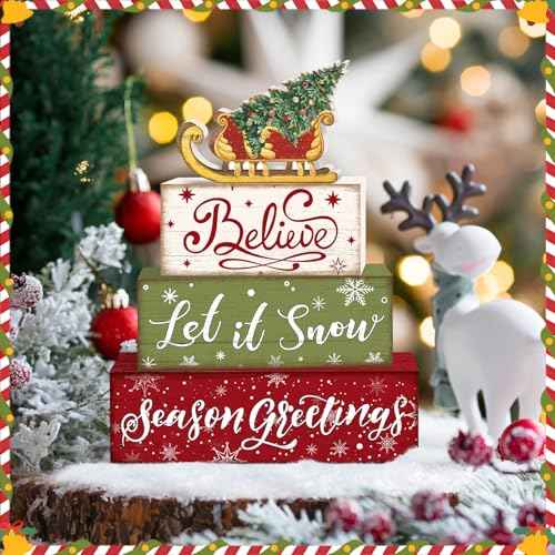 Britimes 4 Pcs Sleigh Christmas Tree Wooden Tiered Tray Decor Set, Farmhouse Rustic Holiday Decorative Stack Block Sign Wonderful Time Table Centerpieces for Home Shelf Table Decorations (Sleigh Tree)