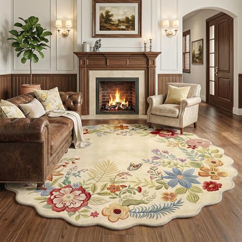 6ft Round Washable Beige Boho Area Rug with Embroidery-Inspired Floral Texture
