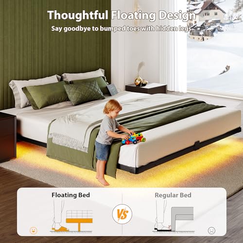 Black Queen Floating Bed Frame with Smart LED Lights & Charging Station