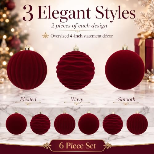 Hollowfly Burgundy Red Velvet Christmas Balls Set 6 Large 4 Inch Ornaments