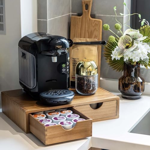 Wooden K Cup Organizer Coffee Pod Storage Box with 2 Drawers - Fits 30 Pods