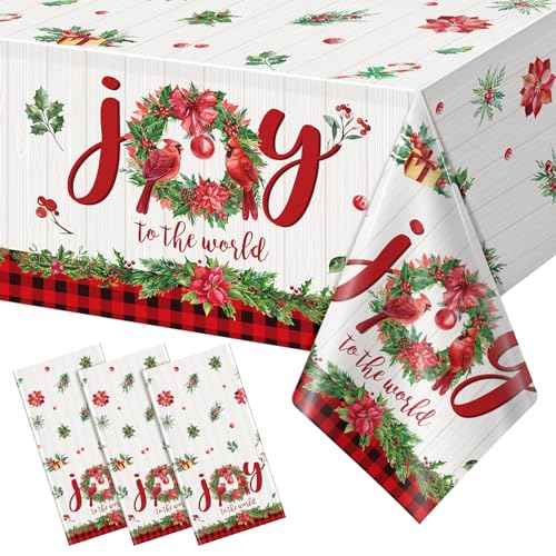 3Pcs Christmas Plastic Tablecloths, Disposable Rectangle Holly Garland Table Covers Joy to The World Poinsettias and Holly Berry Table Cloth for Xmas Winter Party Decorations and Supplies,54x108inch
