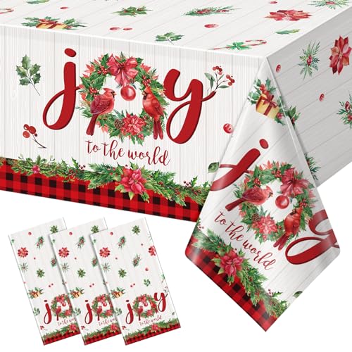 3Pcs Christmas Tablecloths Red White 54x108in Disposable Holly Berry Joy to the World
