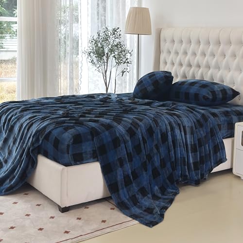 Elegant Comfort Buffalo Blue Queen Velvet Flannel Sheet Set - Soft Warm Cozy Bedding