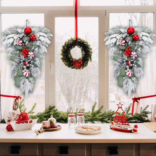 FineCheer 2 Pcs Christmas Teardrop Swags 22 Inch Frosted Pine Berries - Berries Variant