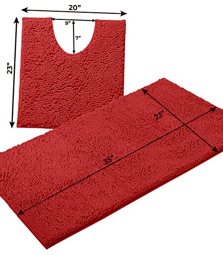 LuxUrux 2-Piece Christmas Chenille Bath Rug Set – Large Red, 24x36 + 20x24 U-Shaped Toilet Mat