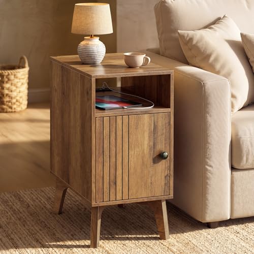 VASAGLE Narrow End Table with Charging Station, Nightstand – Honey Brown, 18.9 x 11.8 x 23.6 inches