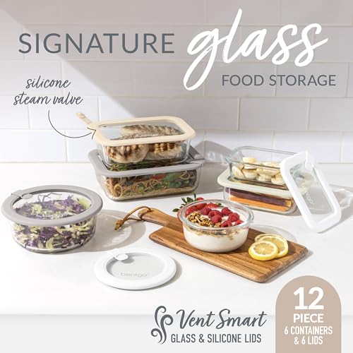 Bentgo Signature Glass Food Storage Containers Set with Lids - White Stone, 12 Piece