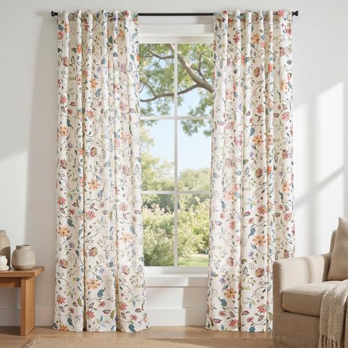 Hattie Beige Floral Linen Curtains 50W x 84L - Farmhouse Style 2 Panels