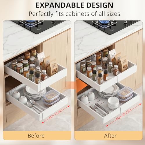 White Expandable Pull Out Cabinet Organizer - Adjustable Width 12.4-20.27 Inches, 4 Pack