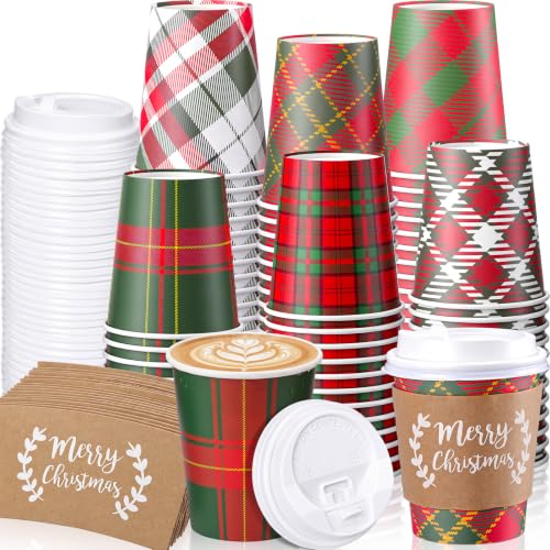 Mimorou 180Pcs 8oz Christmas Plaid Coffee Cups with Lids & Sleeves - Red Green