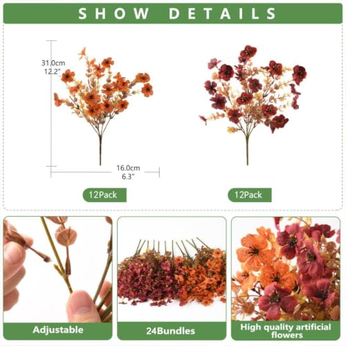 Artificial Fall Flowers 24 PCS Outdoor Plants for Garden & Home Decor - Orange Brown