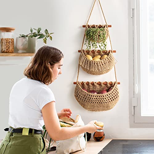 Jute 3-Tier Hanging Fruit Basket Organizer - Handmade Kitchen Storage