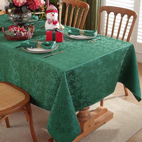 SASTYBALE 60x120 in Christmas Tablecloth - Green Jacquard Holly Berries Wrinkle-Free