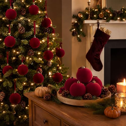 Large Burgundy Velvet Christmas Ball Ornaments, 4 Inch - Pack of 10