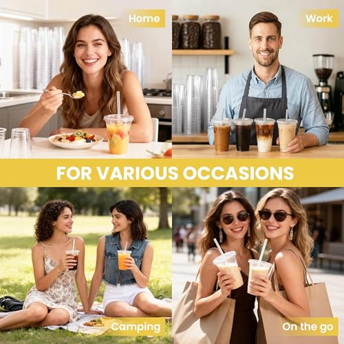 16 oz Disposable Clear Plastic Cups with Lids & Straws - 100 Pack