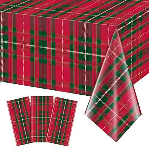 3Pcs Christmas Buffalo Checkered Plaid Party Tablecloth Decorations,Disposable Plastic Red and Green Xmas Rectangle Table Cover Backdrop for Christmas Winter Holiday Party Supplies, 54 x 108 inches