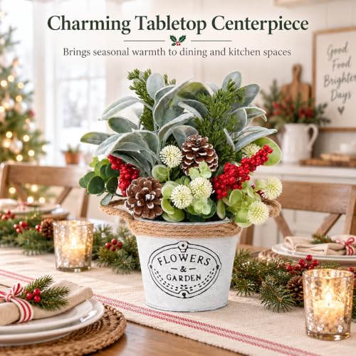 Christmas Table Decor with Metal Pot, Winter Xmas Centerpieces for