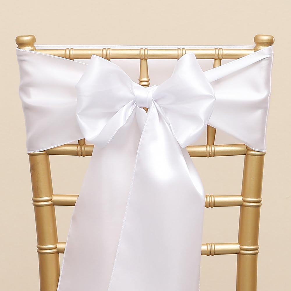 Regine Switzerland Satin White Chair Sashes - 7 X 108 Inch Universal Bows for Weddings & Events | 50 Pack