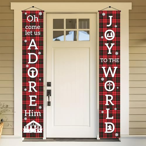 BlissYard Joy To The World Holiday Door Banner - Red & Black Plaid, Snowflake Pattern, Vertical 71x12 Inch - Variation Joy 1