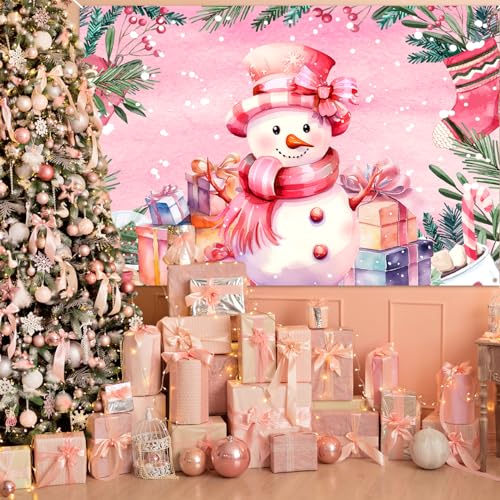 Pink Snowman Christmas Banner - Large Fabric Holiday Party Decor