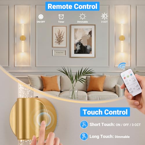 16-Inch Gold Peel and Stick Rechargeable Wireless Wall Sconces Set of 2