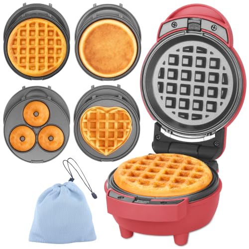 4-in-1 Mini Waffle Maker with Removable Plates - Red, Compact & Versatile