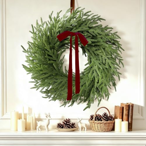 Thewe 26-Inch Real Touch Norfolk Pine Wreath with Velvet Ribbon (Green) for Front Door
