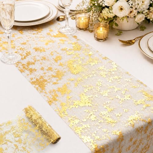 NALVXIN Gold 50ft Glitter Table Runner - 11 in Wide Thin Metallic Mesh for Wedding & Party Decor (Gold, 50FT)