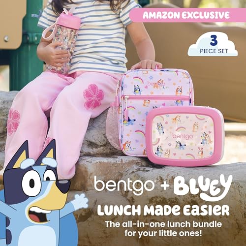 Kids Lunch Set with Bluey - Heart & Crafts 3-Piece Bento Box & Accessories - Leak-Proof, Insulated, Toddler Friendly