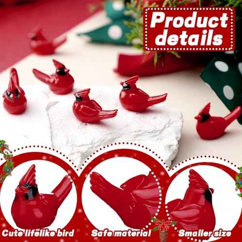 50 Pcs Christmas Mini Resin Red Cardinal Bird Figurines Tiny Cardinal Figurine Decor Small Christmas Ornaments for Gift Xmas Miniature Garden Crafts Cake Topper Decoration