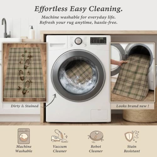 Outdoor Jute Plaid Rug 5x7 - Beige & Sage Green Tartan, Washable, Low-Pile
