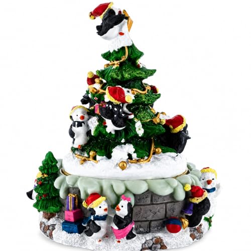 Animated Musical Penguin Christmas Tree Figurine with Rotating Music Box
