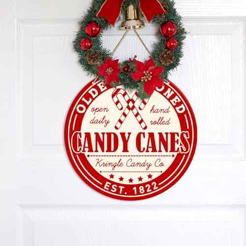 ZODGMED Candy Canes Christmas Wall Hanging Sign, Christmas Decor for Home Kitchen Living Room Holiday Hanging Sign Xmas Wall Decorations, Candy Canes Open Daily