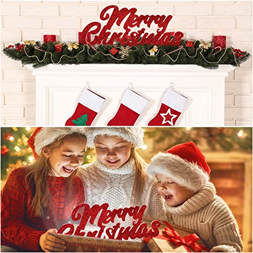 Kathfly Red Glitter Merry Christmas Wood Block Sign Standing Decor