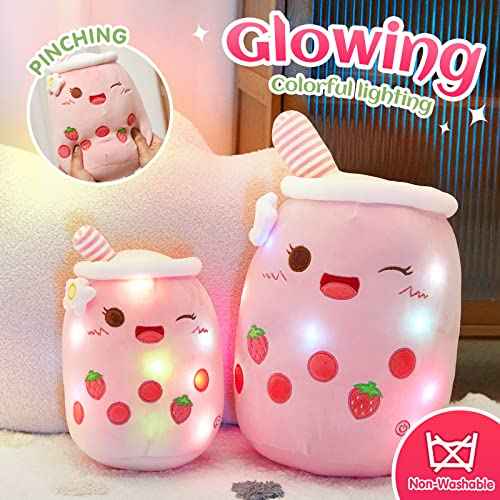 Athoinsu Light Up Strawberry Boba Tea Soft Plush Pillow 10'' Kawaii Milky Tea Stuffed Bubble Animal Toy with LED Lights Birthday Christmas Holiday Valentines Gifts for Kids,Girls,Boys