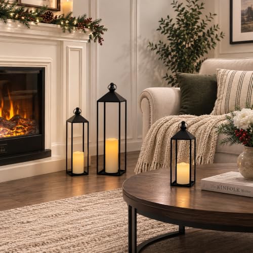 LED Lantern Set with Flameless Candles - 23, 19 & 13 Inches, Timer, Black Metal Decor for Indoor & Outdoor
