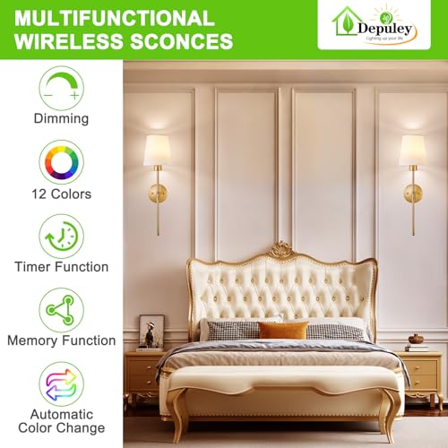 Gold Wireless Battery Wall Sconces Set of 2 - Dimmable RGB Color, 15in