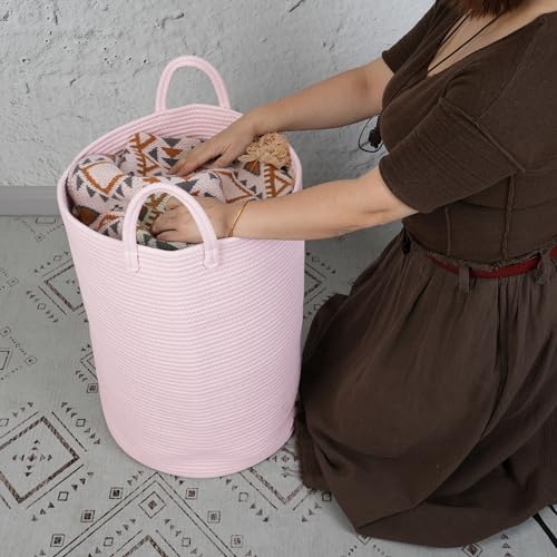 XUANGUO Large Light Pink Cotton Rope Laundry Hamper with Handles